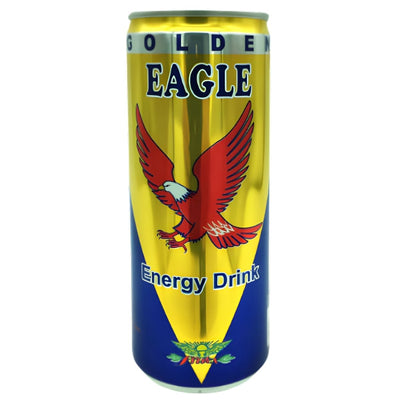 A 250ml can of Golden Eagle Energy Drink, featuring a red eagle graphic with blue and yellow accents, designed to boost vitality.