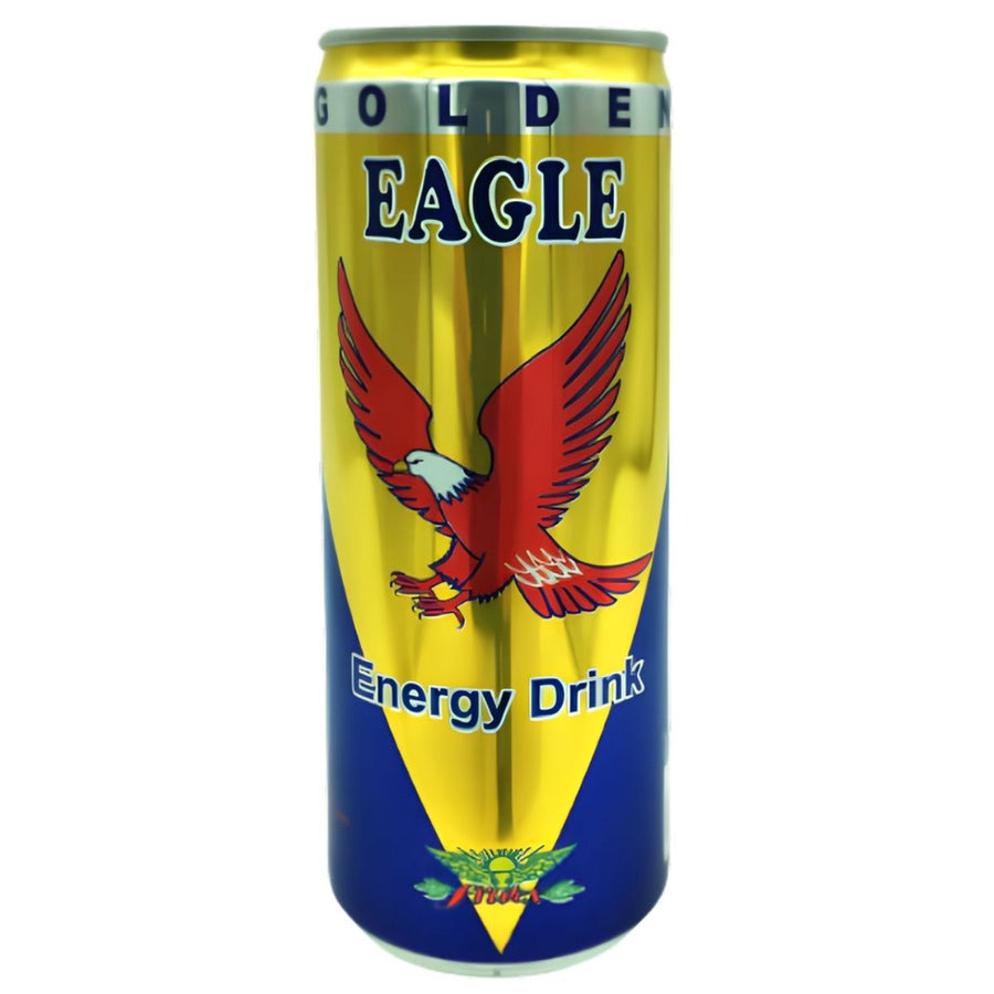 A 250ml can of Golden Eagle Energy Drink, featuring a red eagle graphic with blue and yellow accents, designed to boost vitality.