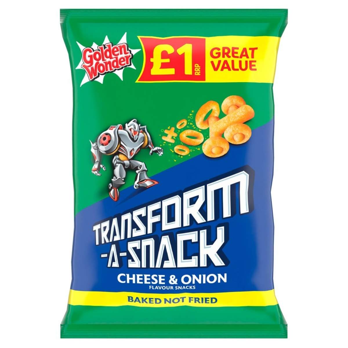 Golden Wonder Transform-A-Snack Cheese & Onion Flavour Snacks - 56g, adorned with a robot image and labeled "Great Value," priced at £1.