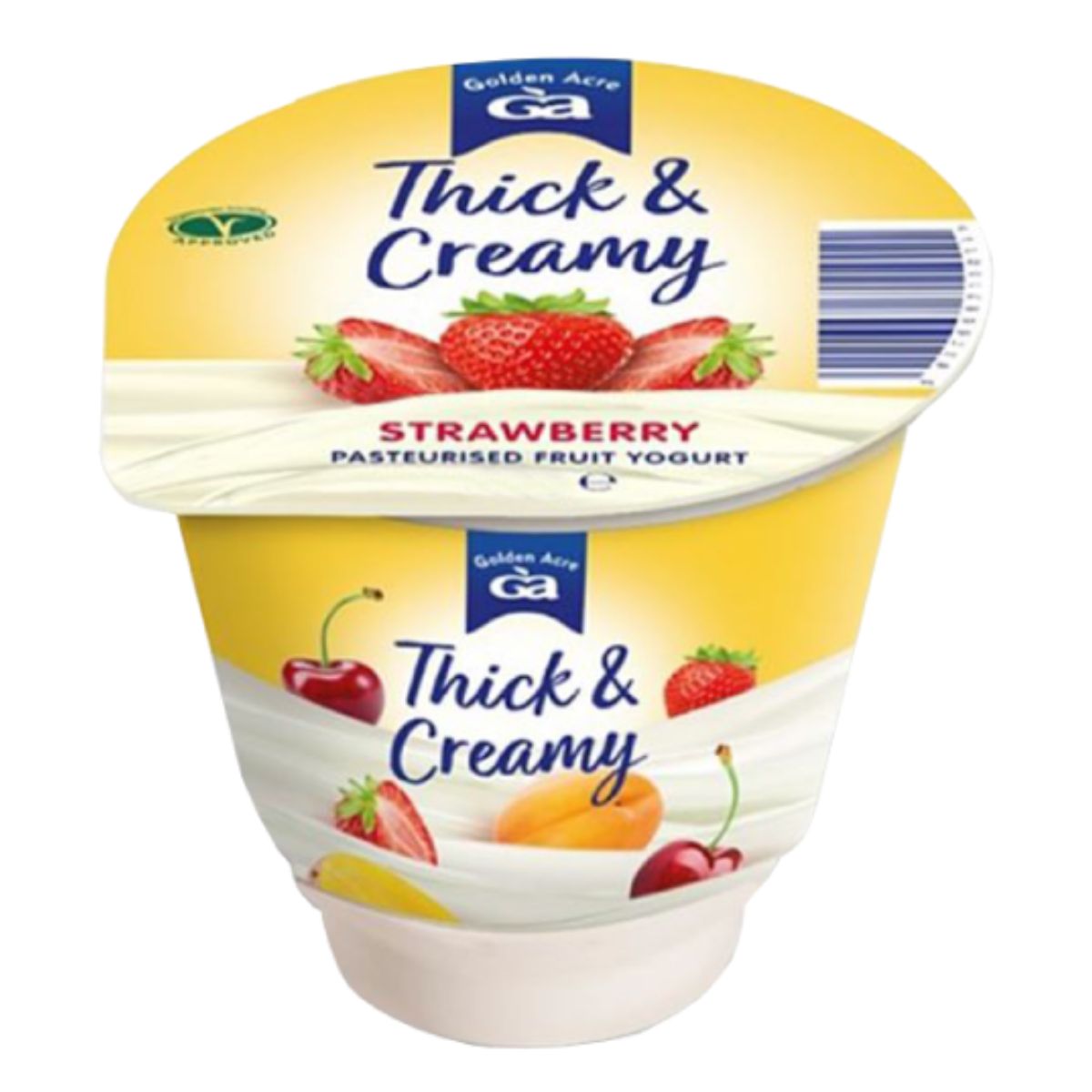 A 125g container of Golden Acre Thick & Creamy Strawberry Yogurt, featuring images of strawberries on the lid.