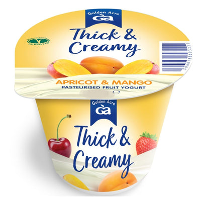 Golden Acre's Thick & Creamy Yogurt Apricot & Mango, 125g container, featuring images of apricots and mangoes on the packaging.