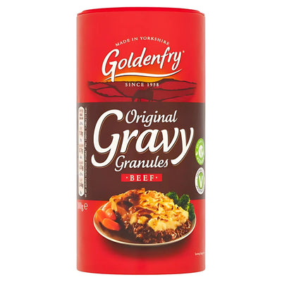 A 300g cylindrical pack of Goldenfry Gravy Granules Beef, displaying a homemade-style meal with rich gravy on the front.