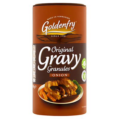 A 300g cylindrical container of Goldenfry Onion Gravy Granules, showing a meal topped with rich onion gravy on the front.