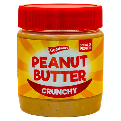 A 340g jar of Goodwin's Crunchy Peanut Butter with a red lid and label, made from roasted peanuts and a source of natural protein.