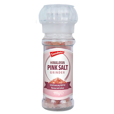 A clear plastic bottle labeled "Goodwins - Himalayan Pink Salt Grinder - 110g," filled with mineral-rich pink salt crystals.