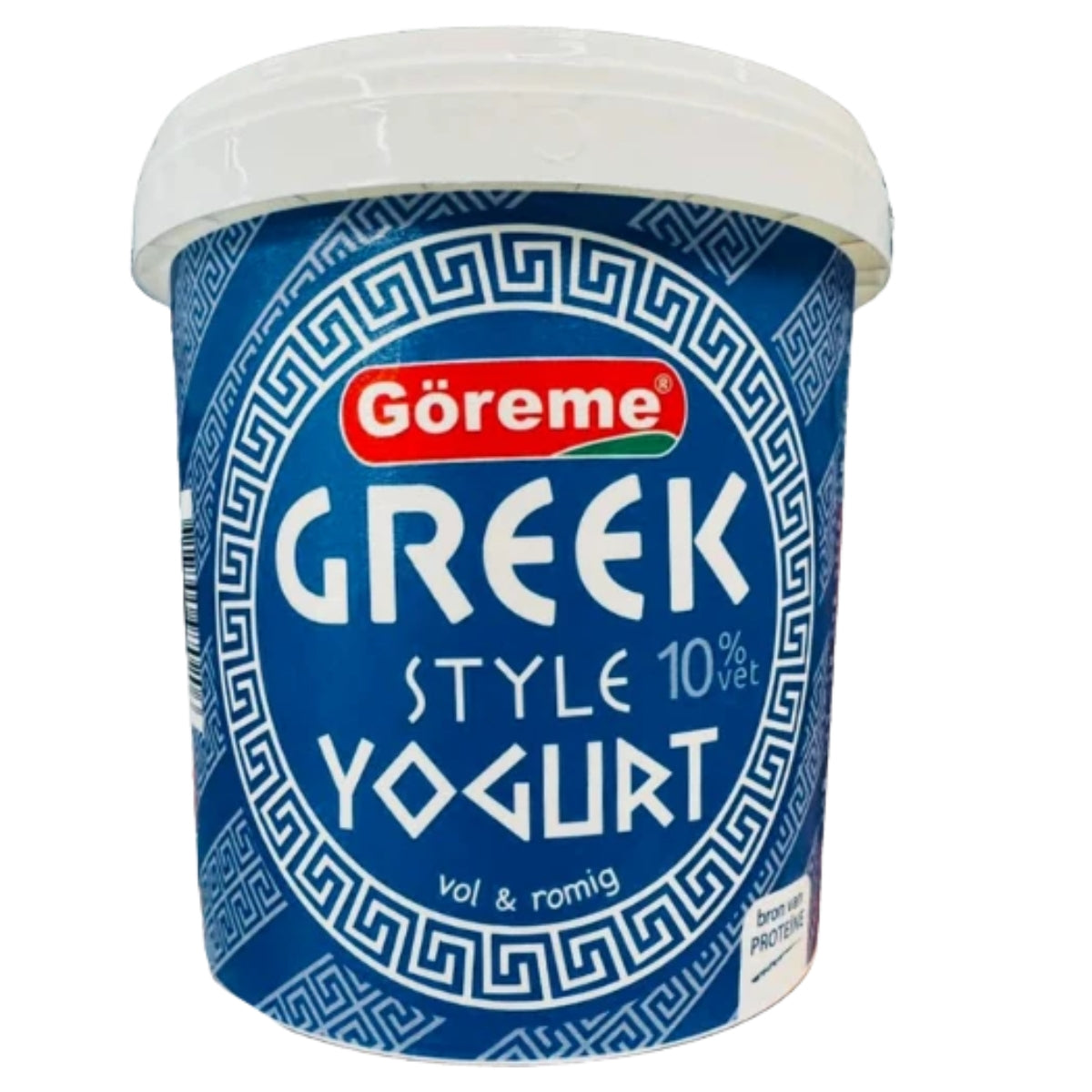 A tub of Göreme Greek Style 10% vol yogurt, featuring a blue label with white Greek key patterns and a white lid, isolated on a white background.
