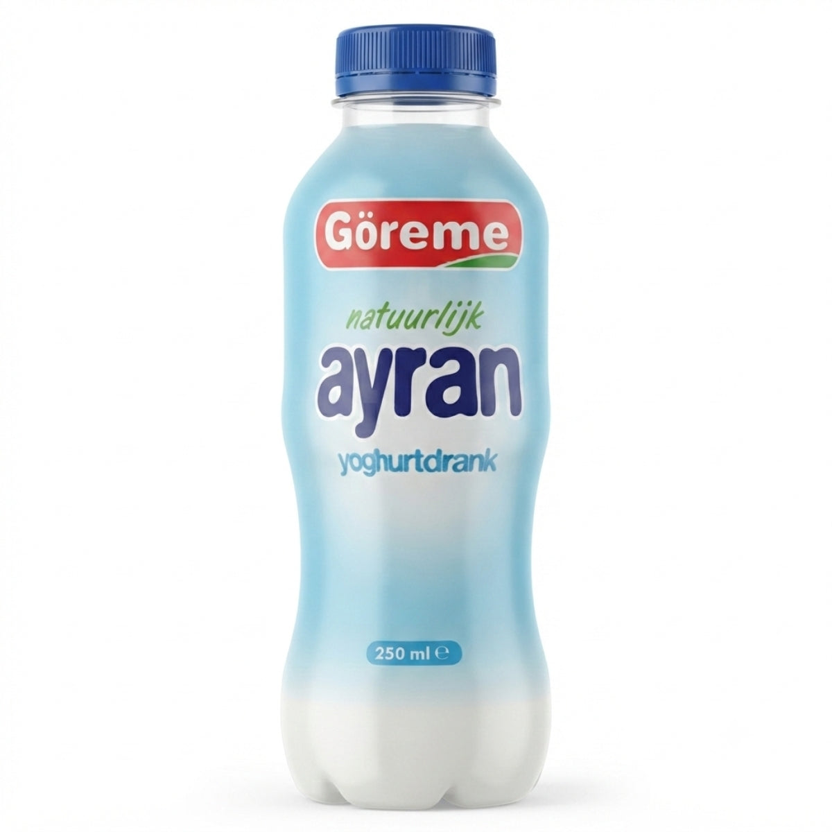 A 250ml bottle of Goreme Natural Ayran Yogurt Drink by Goreme, featuring a blue cap and blue, green, and red label on a white background.