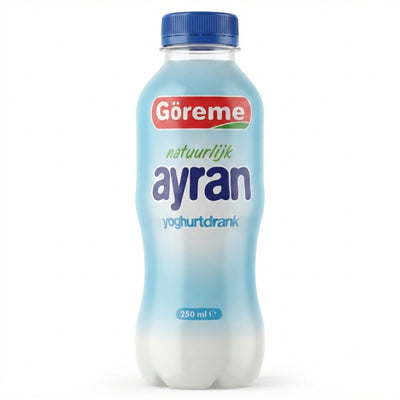 A 250ml bottle of Goreme Natural Ayran Yogurt Drink by Goreme, featuring a blue cap and blue, green, and red label on a white background.
