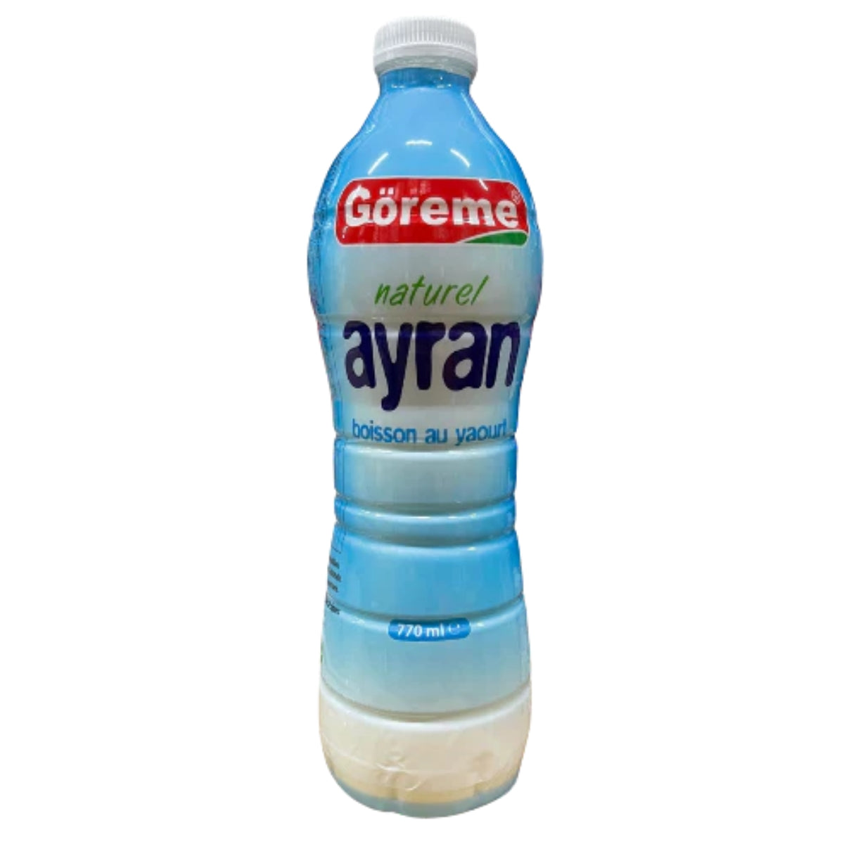 A 770ml bottle of Goreme Natural Ayran Yogurt Drink, a refreshing Turkish beverage made with natural ingredients, comes in blue and white packaging.