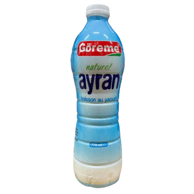 A 770ml bottle of Goreme Natural Ayran Yogurt Drink, a refreshing Turkish beverage made with natural ingredients, comes in blue and white packaging.