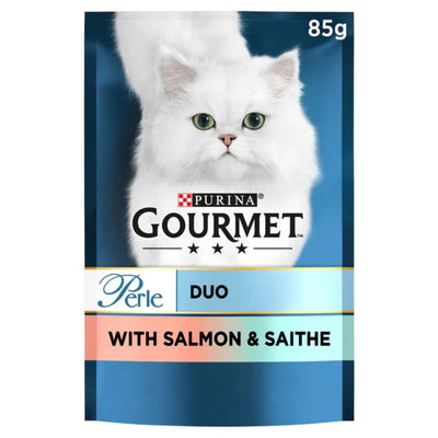 An 85g packet of Gourmet Duo with Salmon & Saithe, a complete pet food for adult cats from the Gourmet brand.