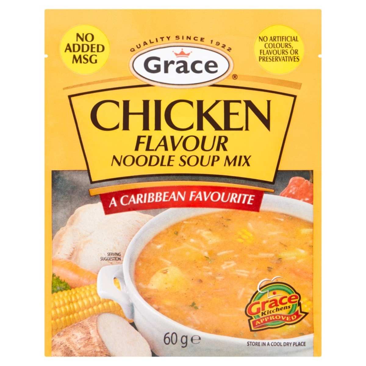 Package of Grace Chicken Flavour Noodle Soup - 60g, featuring corn and seasoning, promoted as "A Caribbean Favourite" and "No Added MSG.