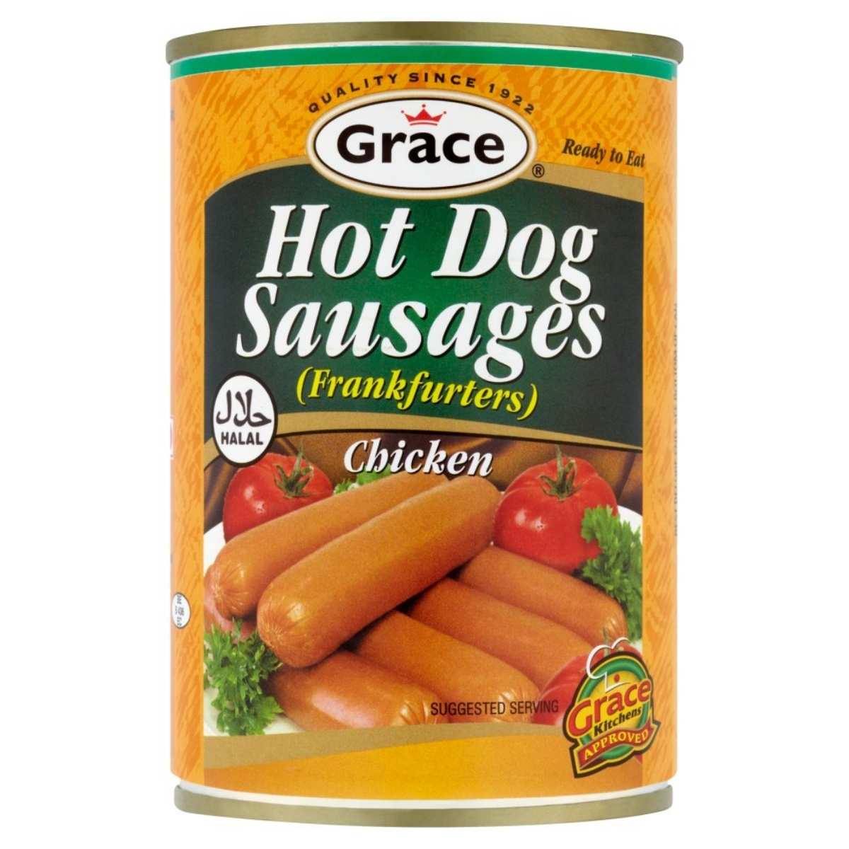 A can of Grace - Chicken Hot Dog Sausages (400g) is proudly labeled as Halal Ready to Eat, featuring an appetizing image of sausages, tomatoes, and herbs on the label. Perfect for those who trust Grace Kitchens for quality and flavor in every bite.