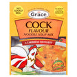 A 50g packet of Grace Cock Flavour Noodle Soup Mix, known as "A Caribbean Favourite," featuring images of a rooster and soup.