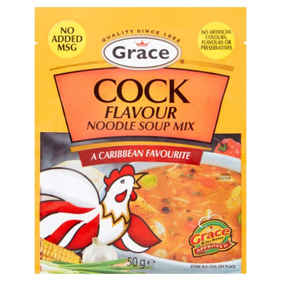 A 50g packet of Grace Cock Flavour Noodle Soup Mix, known as "A Caribbean Favourite," featuring images of a rooster and soup.