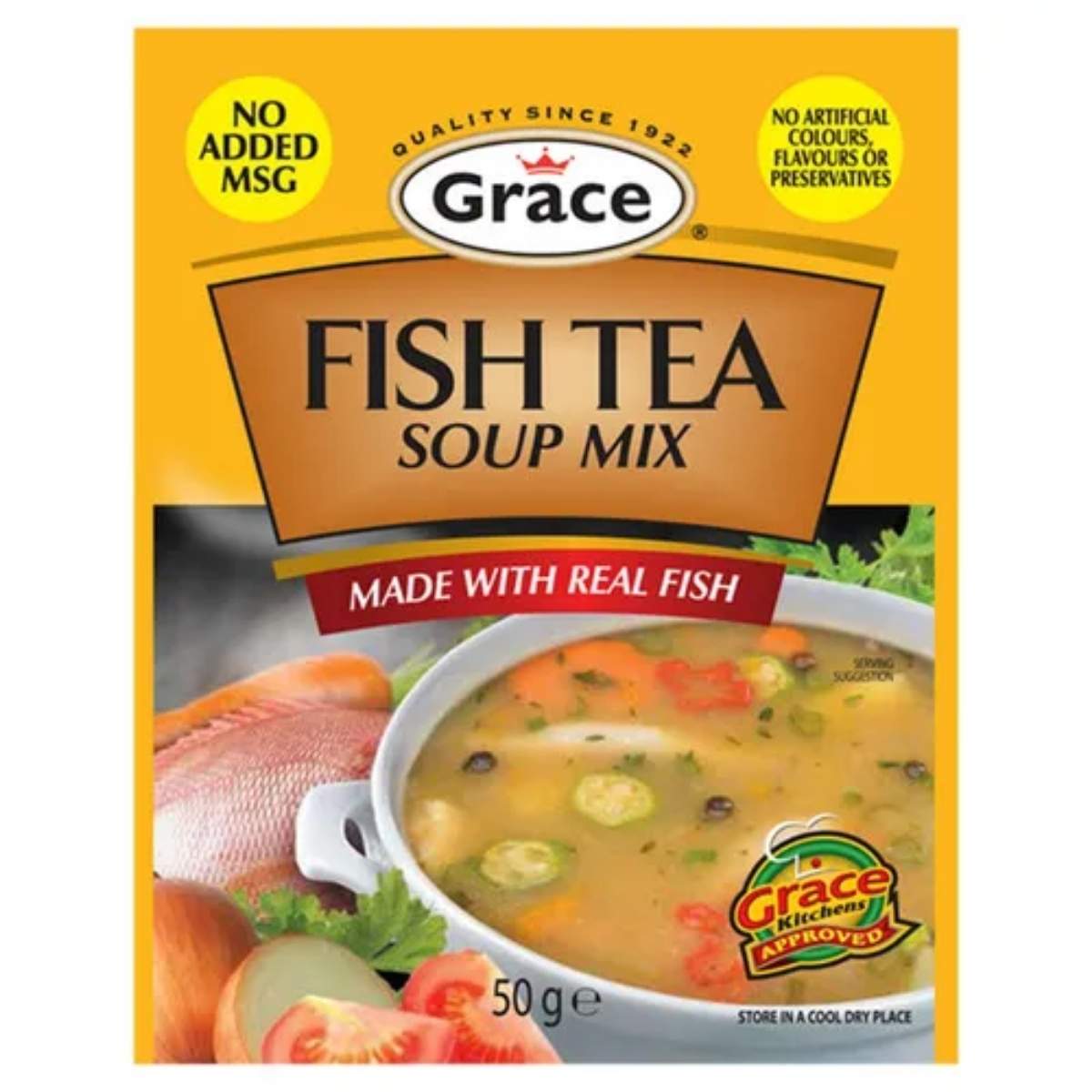 A 50g packet of Grace - Fish Tea Soup Mix, featuring labels "No Added MSG" and "Made with Real Fish," and an image of a bowl of soup with vegetables.