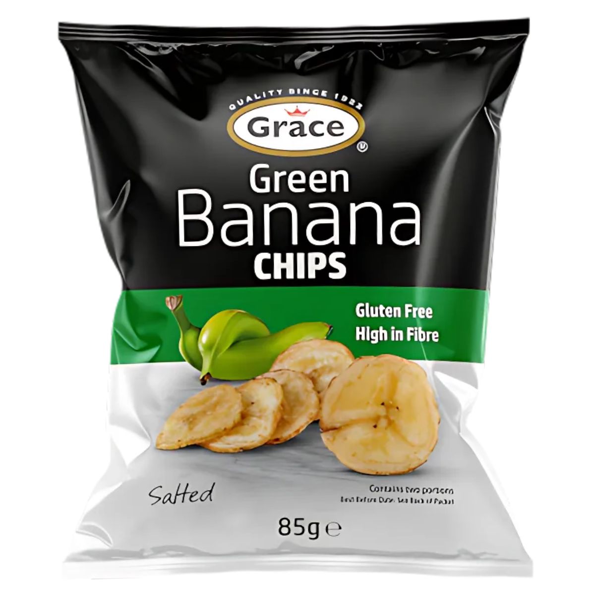 The Grace - Green Banana Chips - 85g bag is a convenient snack option for those on the move, filled with salted chips. The packaging prominently displays "Gluten Free" and "High in Fibre," emphasizing these chips as a natural energy source ideal for your active lifestyle. Enjoy snacking that's both nutritious and delicious!