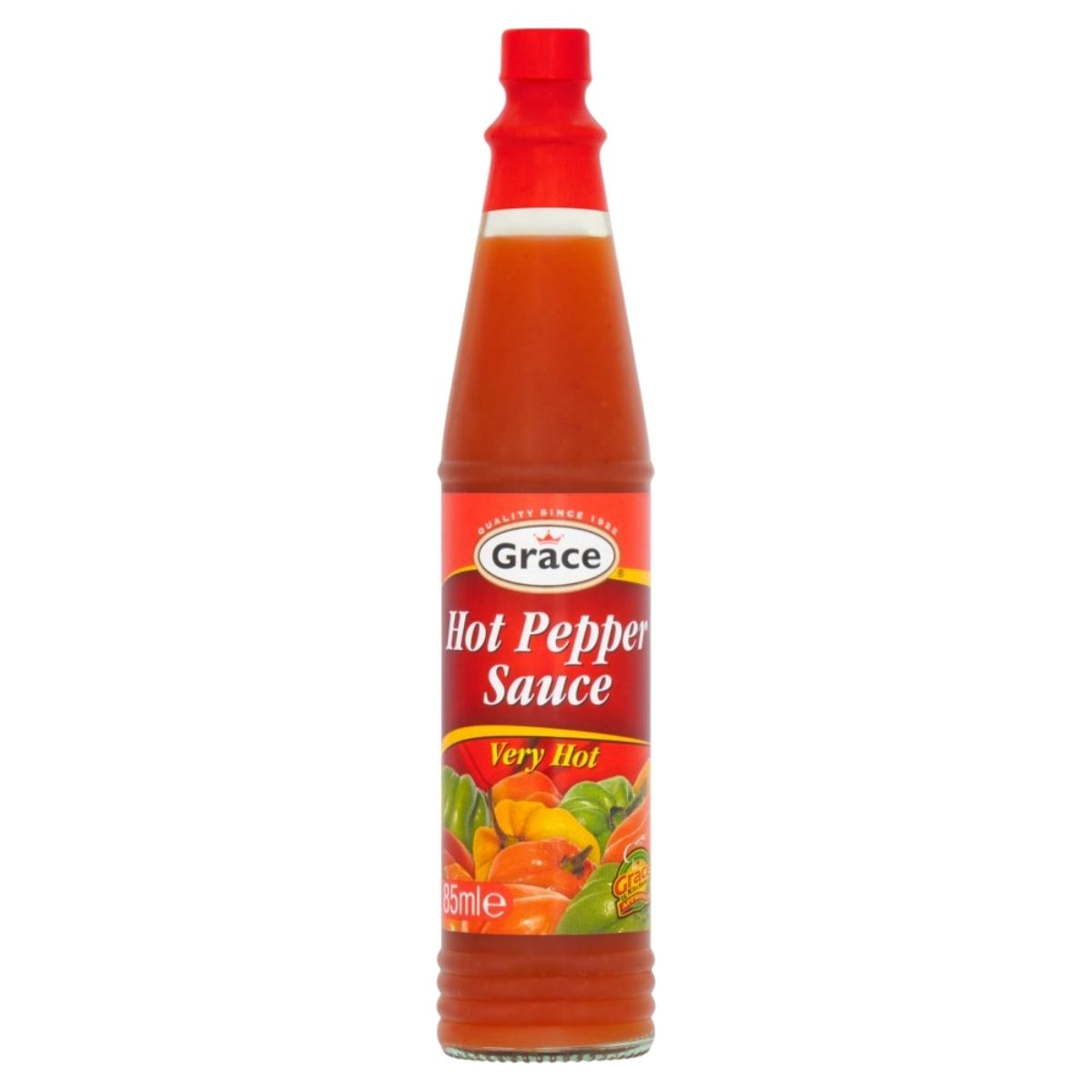 Bottle of Grace hot pepper sauce on a white background