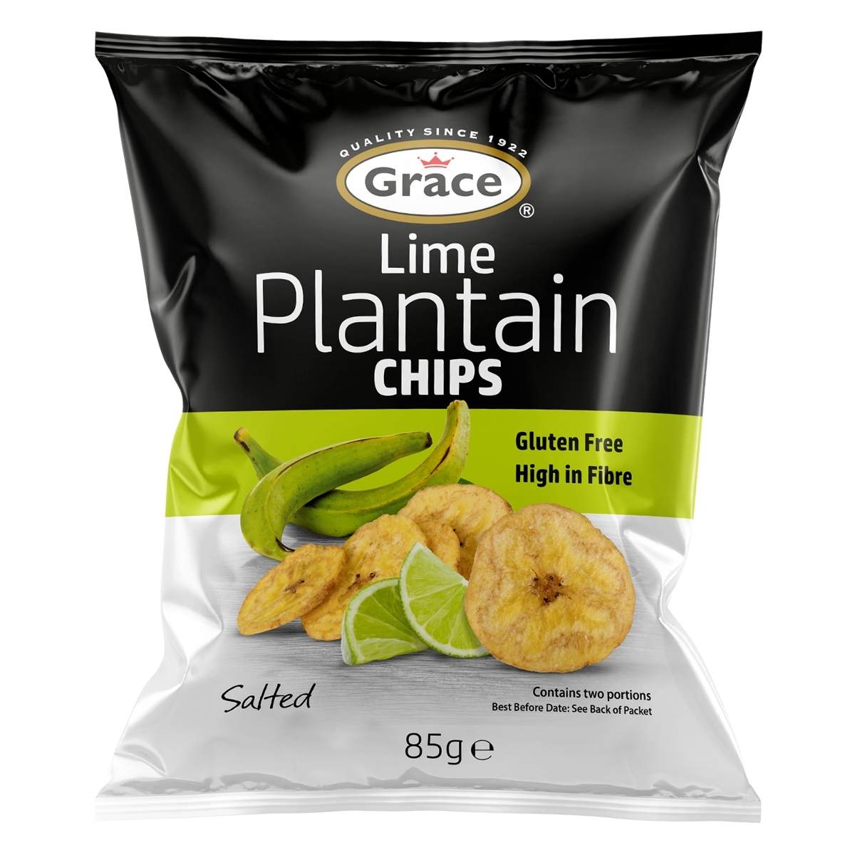 Grace - Lime Plantain Chips - 85g features a tangy lime flavor and eye-catching images of plantains and limes. This nutritious snack is marked "Gluten Free" and "High in Fibre.