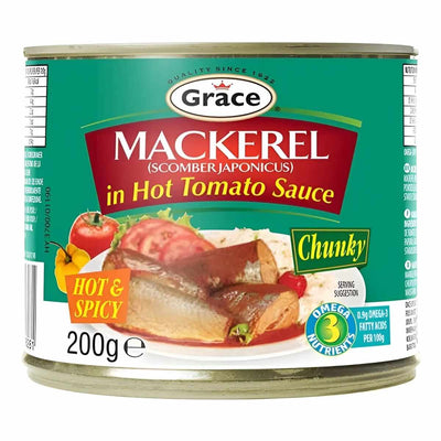 Grace - Mackerel In Hot Tomato Sauce - 200g by Grace offers omega-3-rich mackerel in a spicy tomato sauce, with nutrition highlights and a vibrant, flavorful image on the packaging.