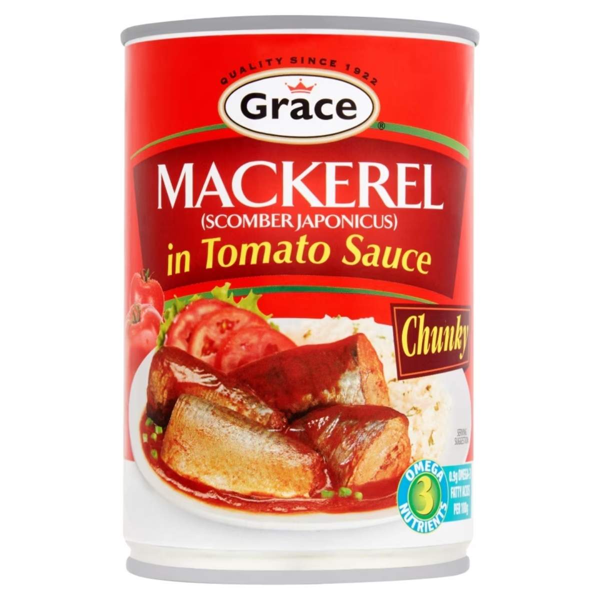 Grace - Mackerel In Tomato Sauce - 200g is labeled "Chunky" and features vibrant images of fish and tomatoes. Packed with Omega 3, this nutritious option combines the rich taste of mackerel with the tangy zest of tomato sauce.