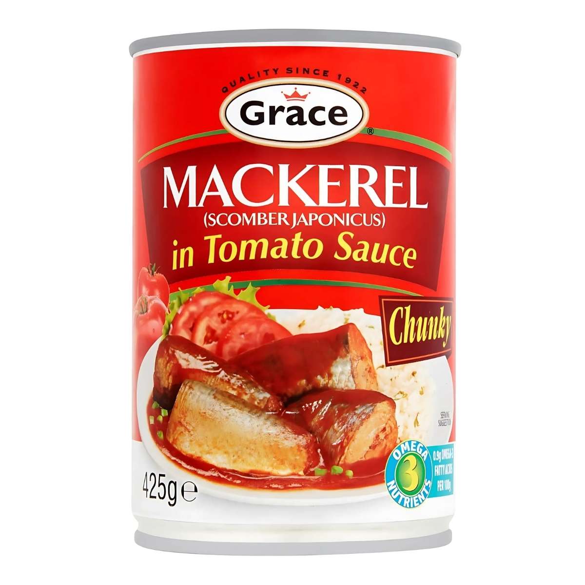 Grace Mackerel In Tomato Sauce by Grace offers protein-rich fish in a flavorful tomato sauce. This pantry staple comes in a 425g can, perfect for quick and tasty meals.