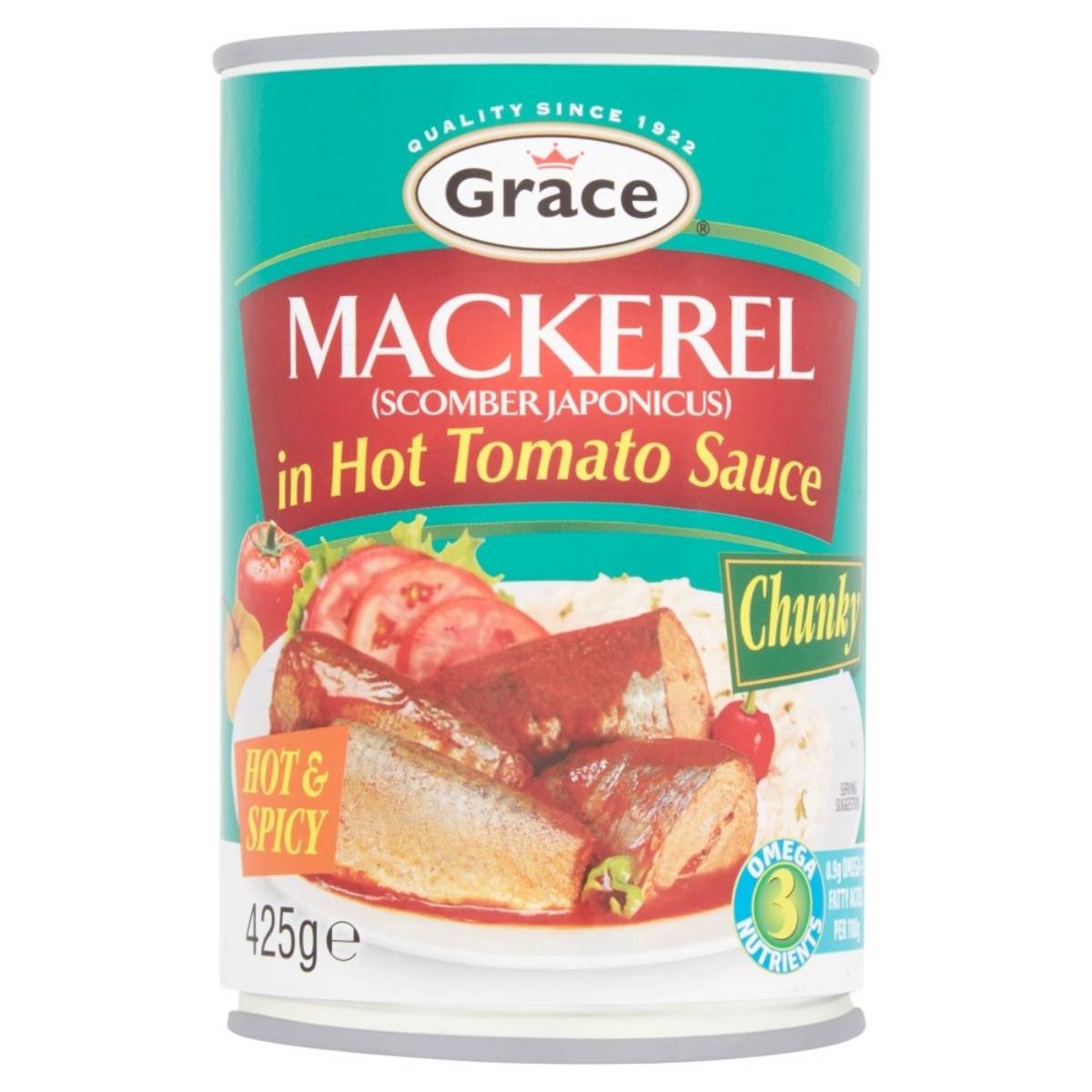 Grace's Mackerel in Hot Tomato Sauce offers a vibrant taste sensation in every bite. Packed into a 425g can, it combines the benefits of omega-3 fatty acids with its distinctive spiciness for a flavorful and nutritious experience.