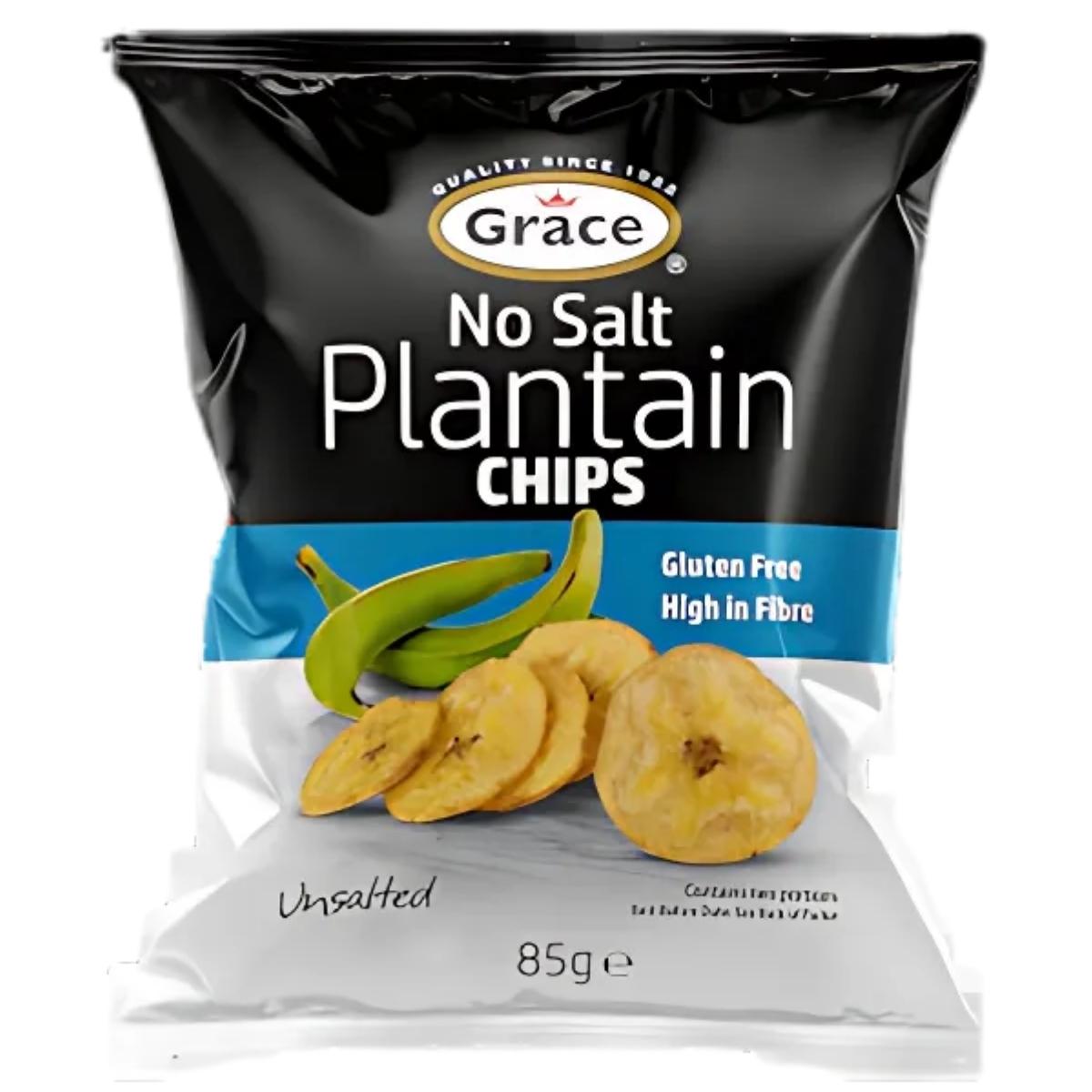 The Grace - No Salt Plantain Chips - 85g provides a gluten-free and high-fiber snack alternative. The packaging prominently displays images of green plantains and sliced chips on the front.