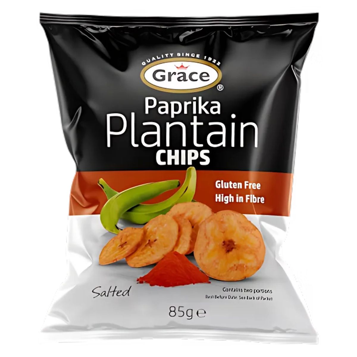 Package of Grace - Paprika Plantain Chips - 85g, marked "Gluten Free" and "High in Fibre," offering a healthier snack choice. This savory treat features appealing images of green plantains and sliced chips on the packaging.