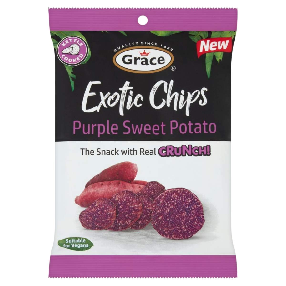 Grace Purple Sweet Potato Flavour Exotic Chips (75g) by Grace are kettle cooked, vegan-friendly snacks with images of purple sweet potato chips on the packaging.
