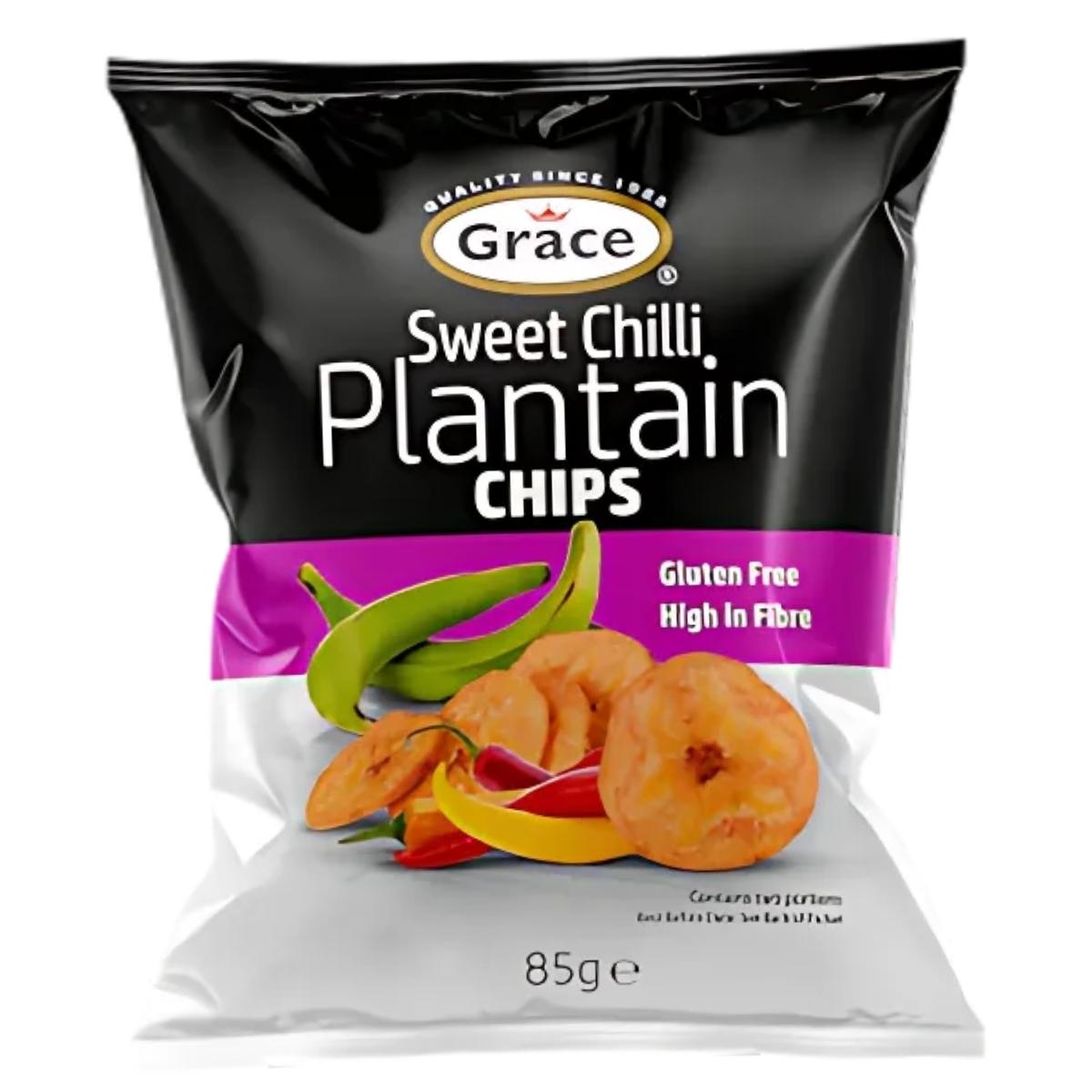 Grace Sweet Chilli Plantain Chips, 85g, are ideal for on-the-go snacking. The packaging features images of crunchy plantains and chili peppers and highlights that the chips are gluten-free and high in fiber.