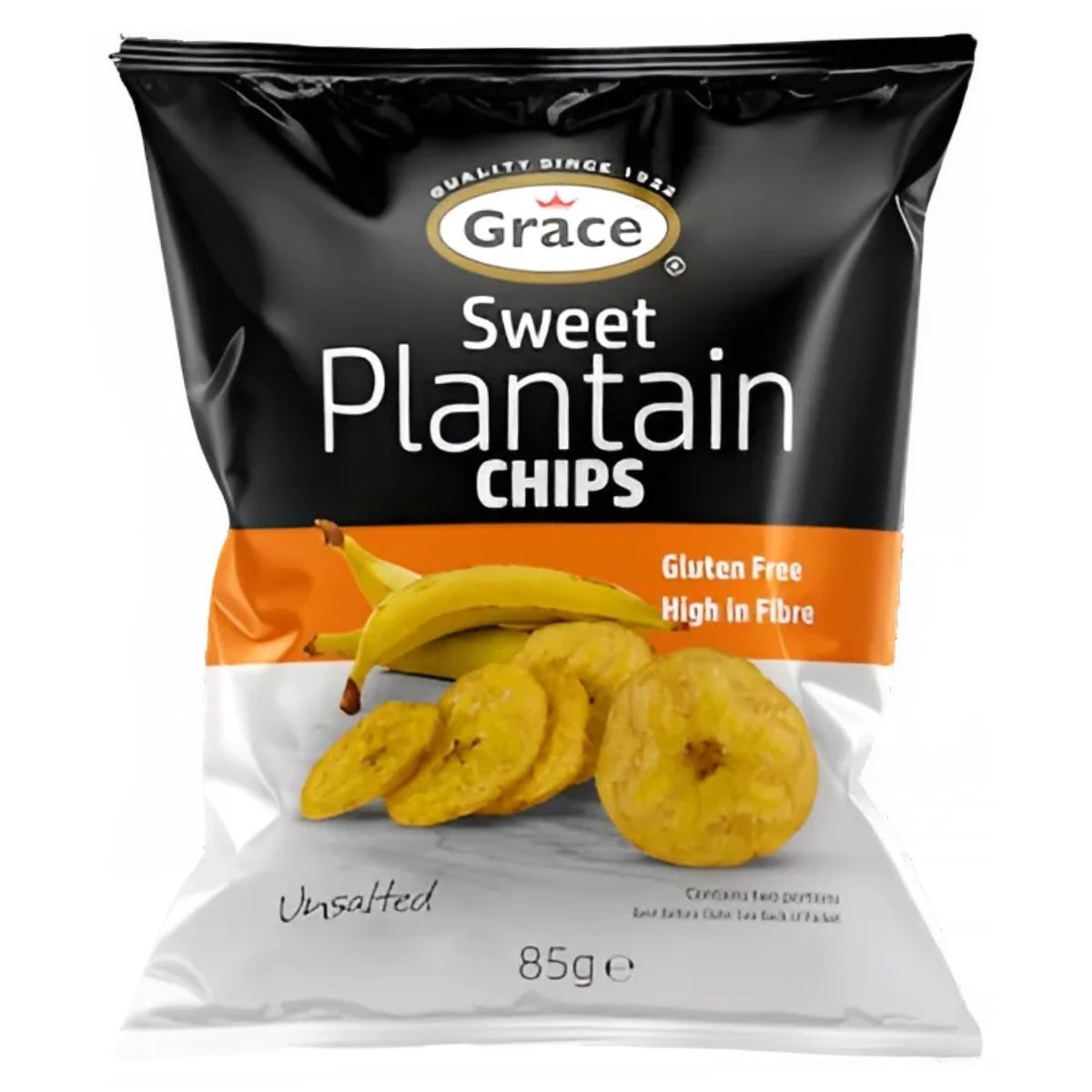 Grace - Sweet Plantain Chips - 85g. This delightful snack option showcases the natural sweetness of ripe plantains. The packaging prominently displays "Gluten Free" and "High in Fibre," along with an appealing image of sliced plantains.