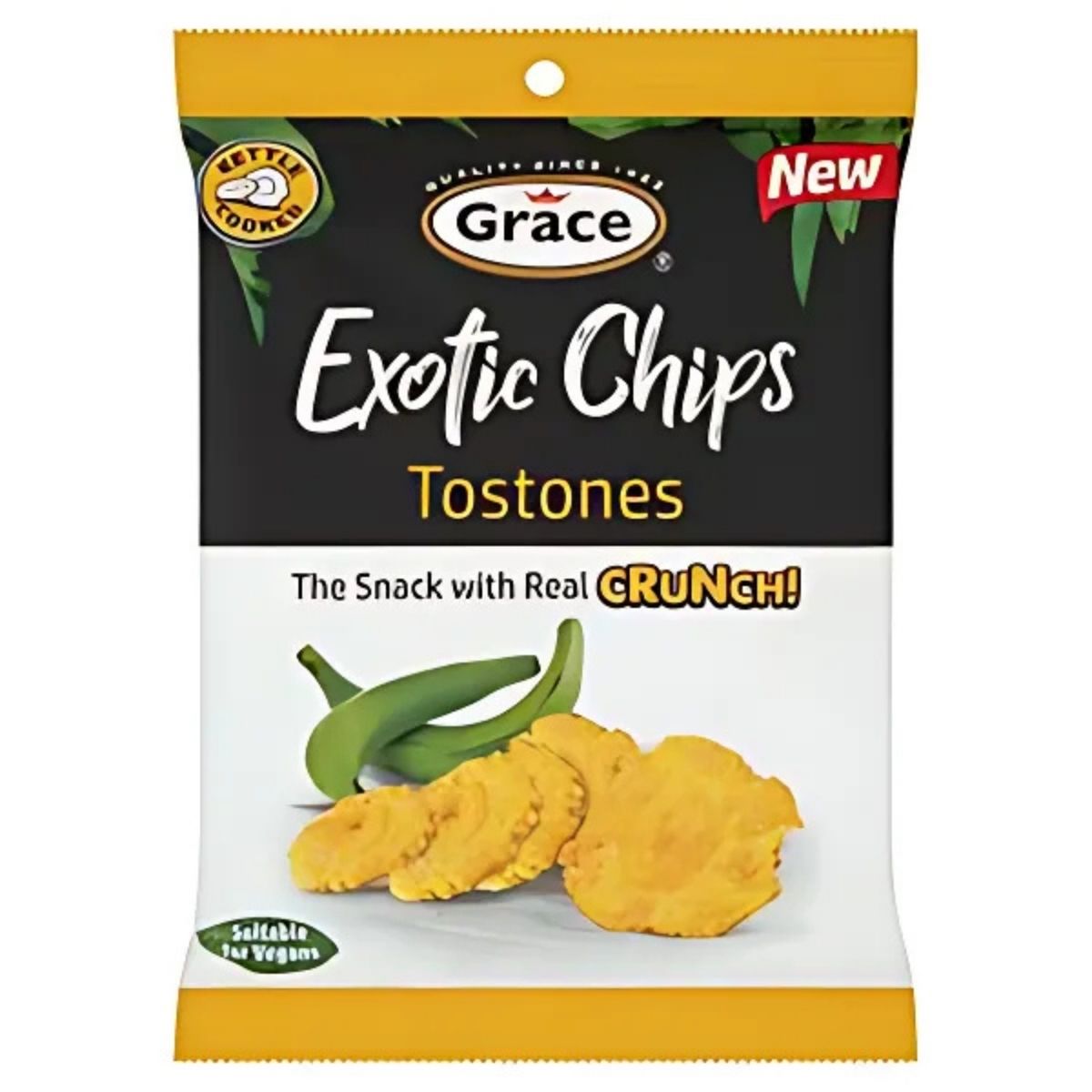 A bag of Grace - Tostone Plantain Chips - 75g shows plantain chips and green peppers on the front, with text highlighting that it’s vegan, crunchy, and delivers a true tropical snack flavour.