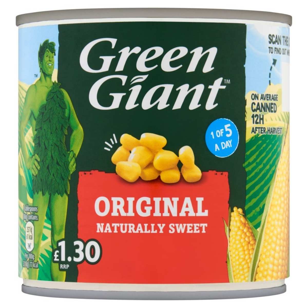 A 340g can of Green Giant Original Naturally Sweet Corn features a red label with the text "Original Naturally Sweet" and is priced at £1.30. It includes an illustration of a green figure and an ear of corn on the right side.