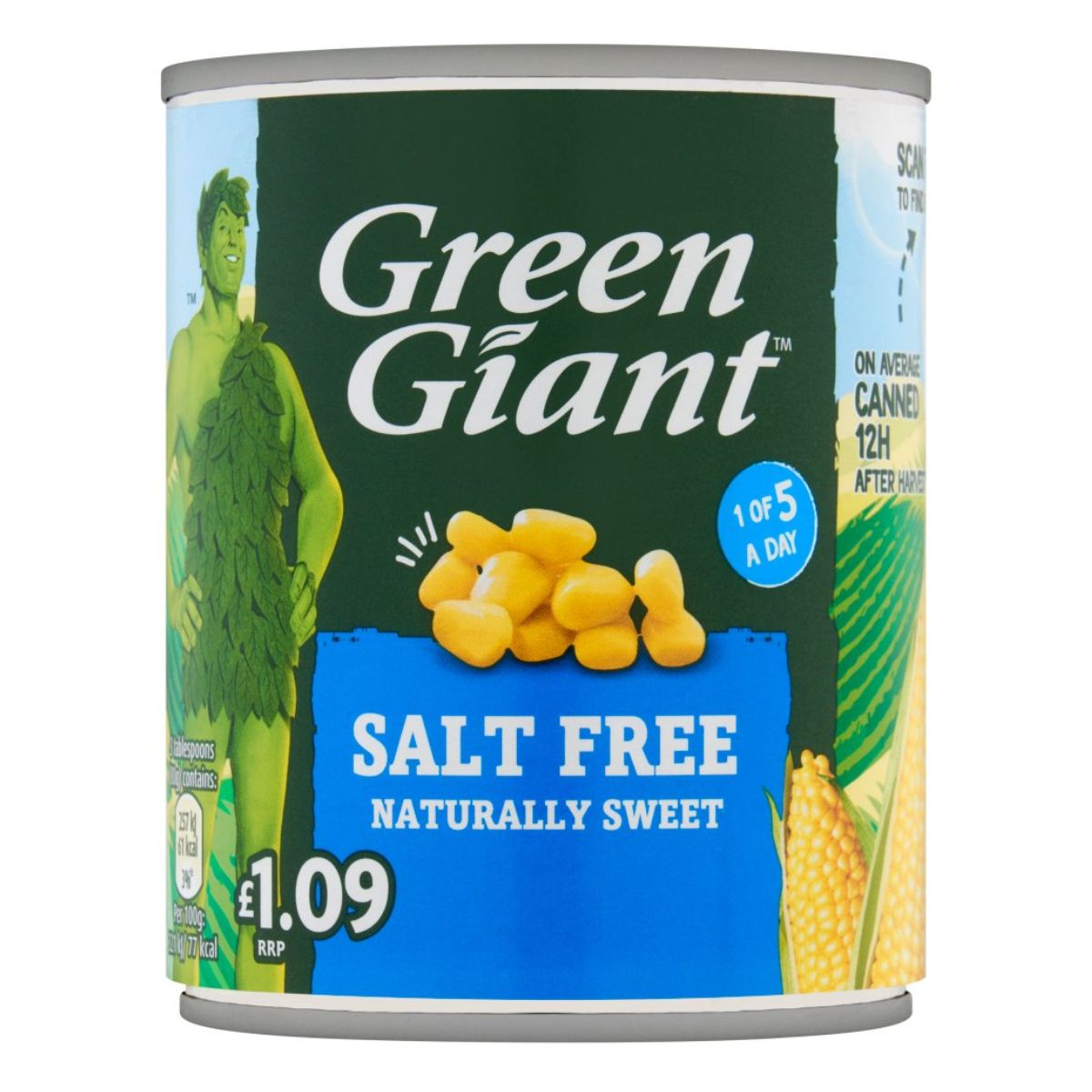 A 198g can of Green Giant Salt Free Naturally Sweet Corn, priced at £1.09, features an image of a green figure and corn graphics.