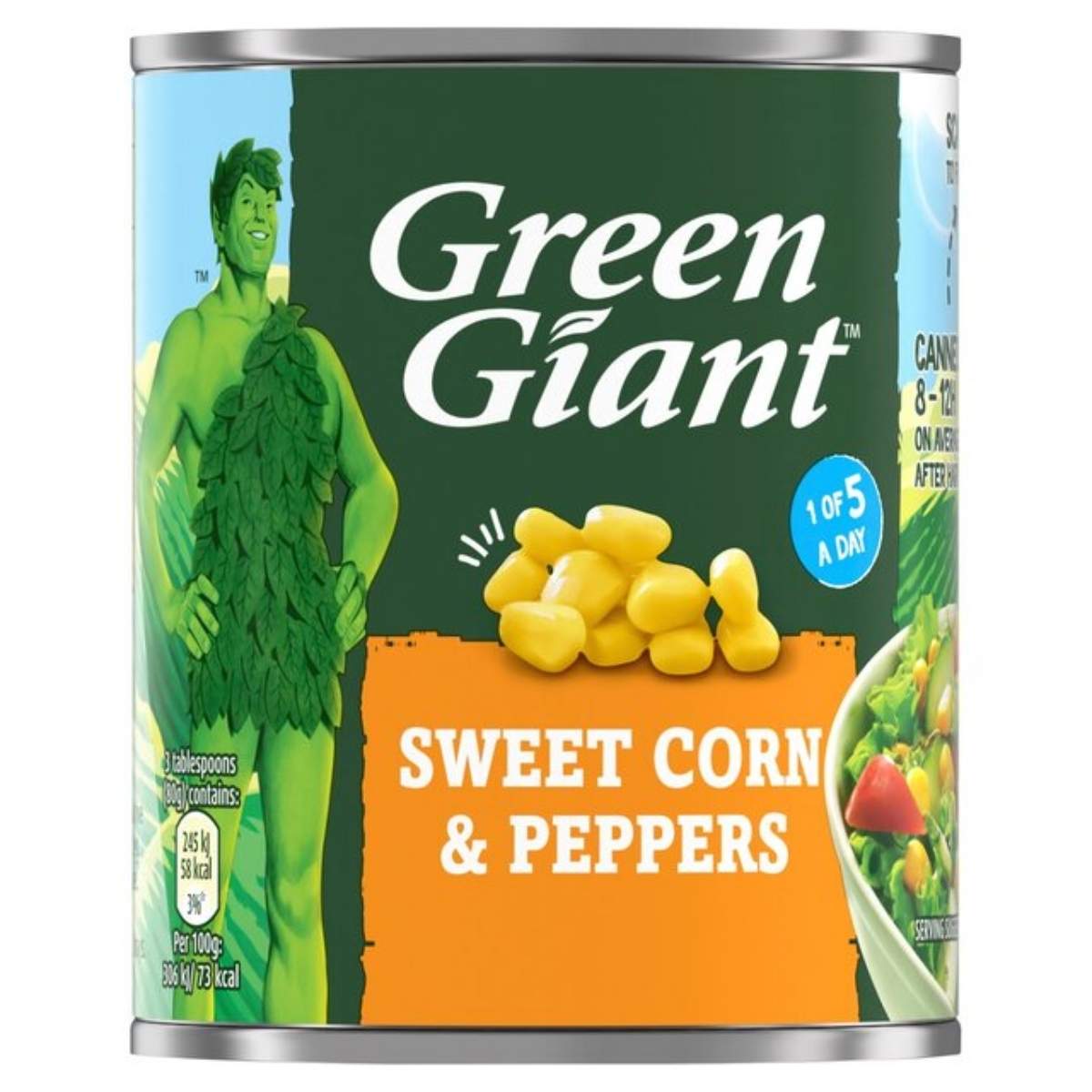 A can of Green Giant - Sweetcorn & Peppers - 198g displays corn kernels and the iconic Green Giant logo on its label.