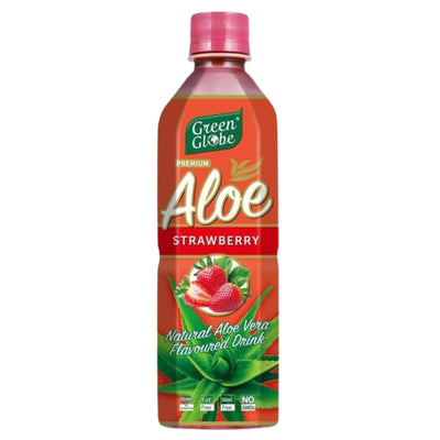 A bottle of Green Globe Premium Aloe Strawberry drink, featuring a red and orange label with illustrations of strawberries and green aloe vera leaves, topped with a pink cap, on a white background.