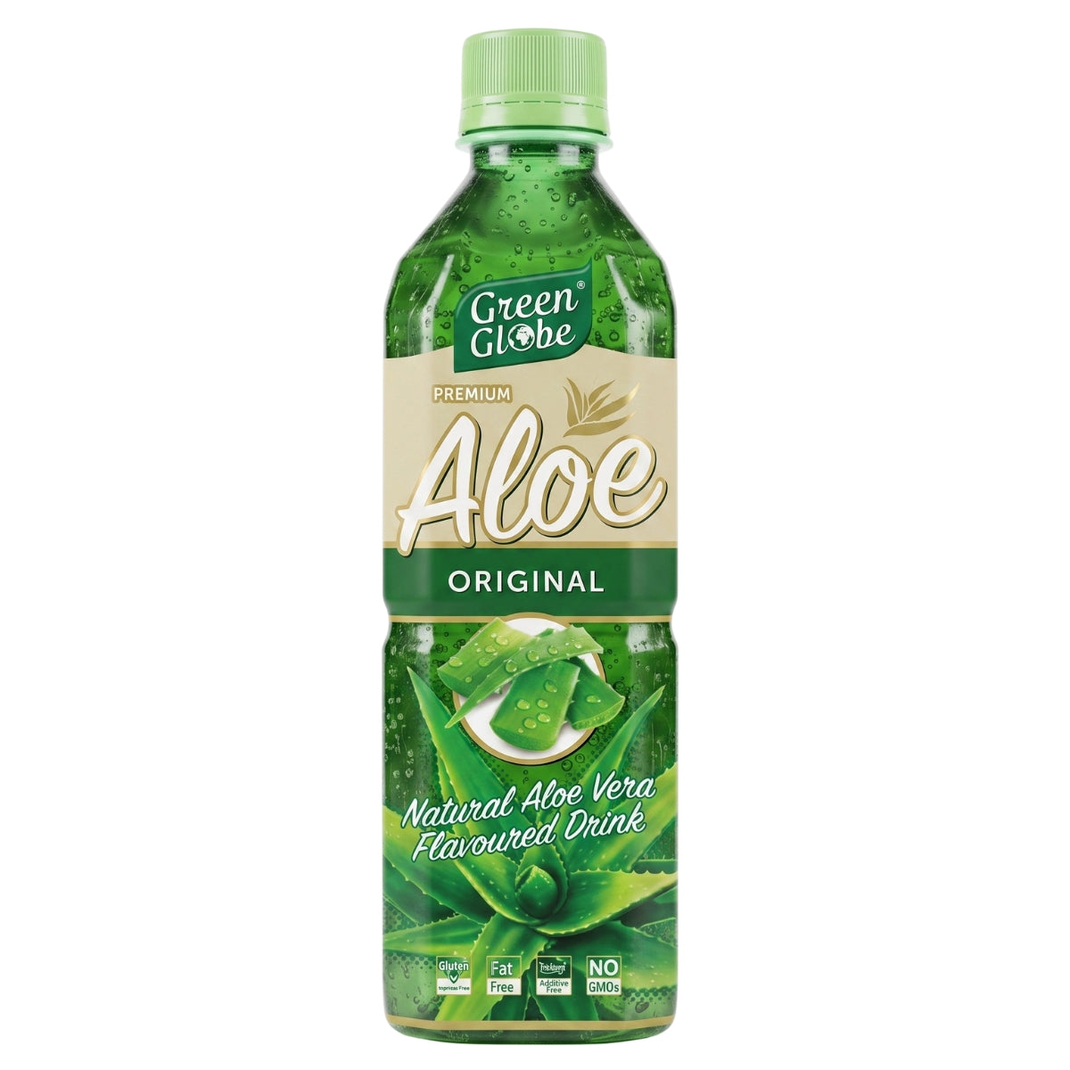 A green plastic 500ml bottle of Green Globe - Natural Aloe Vera Flavoured Drink, featuring aloe plant imagery on the label.