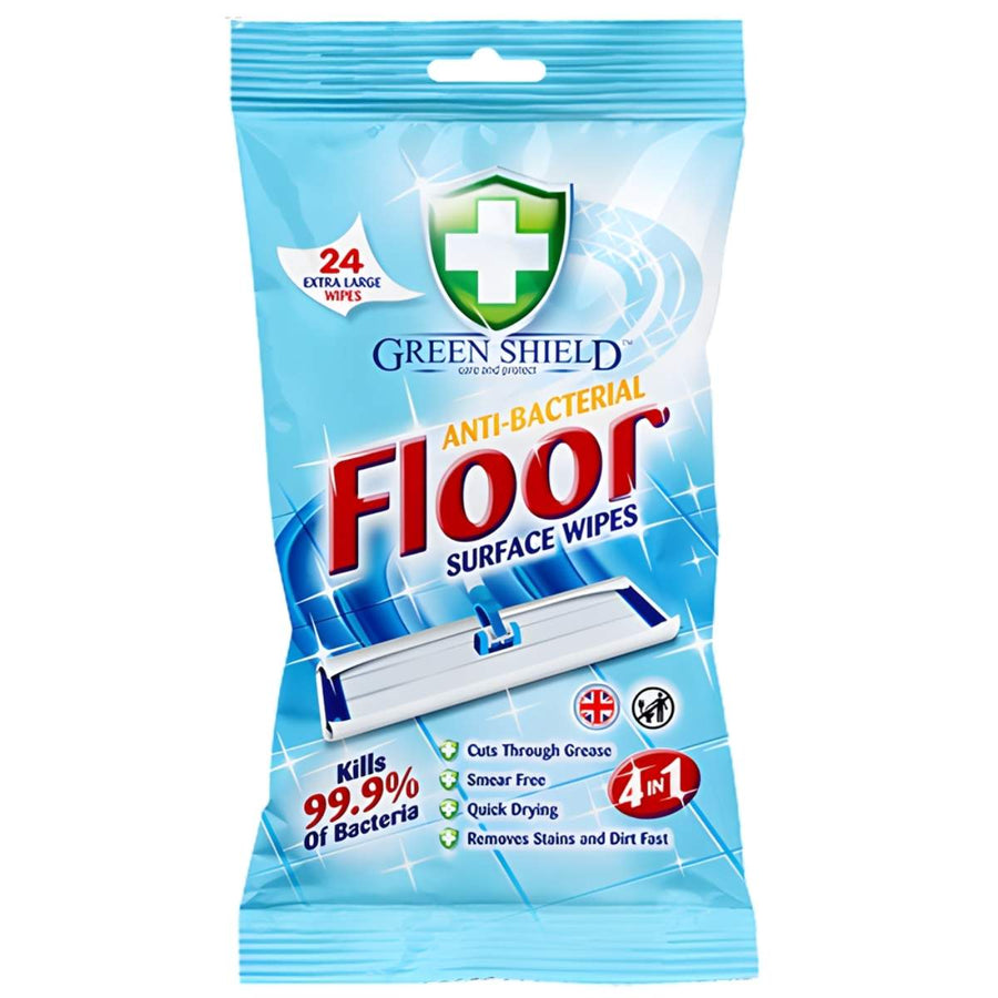 A packet of Green Shield Anti Bacterial Extra Large Floor Wipes contains 24 wipes, ideal for effective floor cleaning.