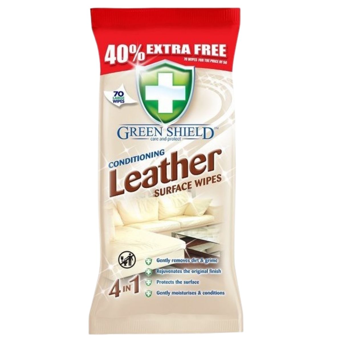 Green Shield Conditioning Leather Large Surface Wipes (70 wipes) clean, moisturize, and protect leather surfaces, offering premium conditioning for your leather items.