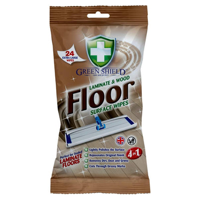 Green Shield Laminate & Wood Extra Large Floor Wipes (24 wipes) offer 4-in-1 cleaning for sealed laminate floors and wood surfaces.