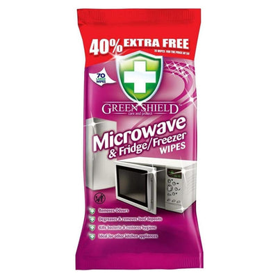 Green Shield Microwave & Fridge/Freezer Large Wipes (70pcs) offer effective grease removal and come with 40% extra free, ideal for cleaning kitchen appliances.