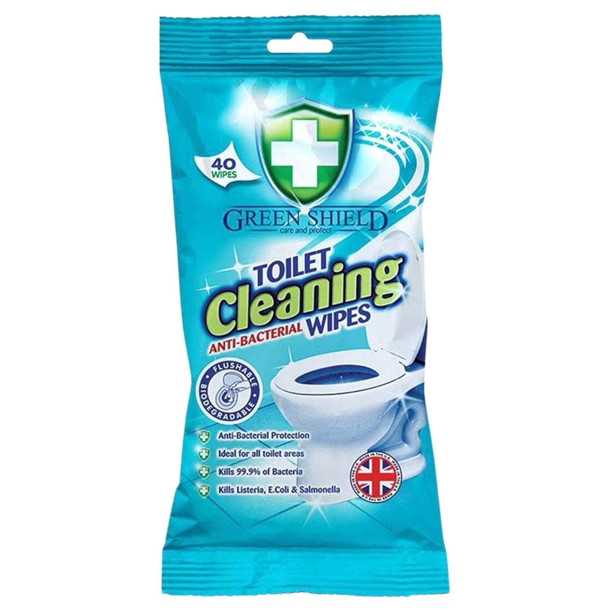 Pack of Green Shield toilet cleaning wipes on a white background
