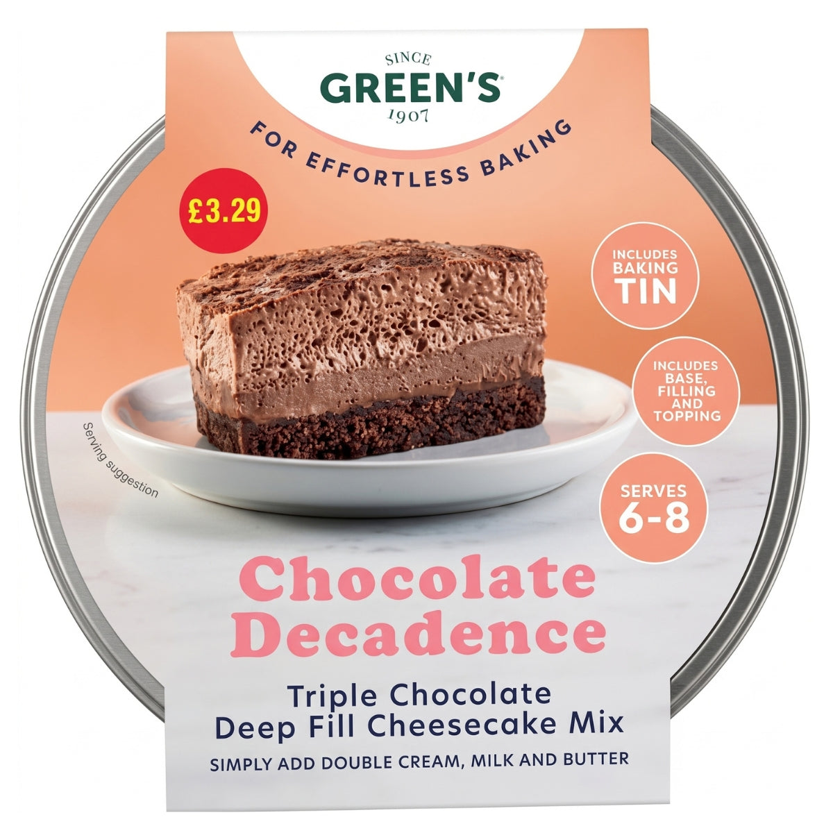 Green’s Chocolate Decadence Cheesecake Mix (218g) comes in a round package priced at £3.29 and serves 6–8. This kit from Green’s includes a baking tin and contains everything you need for a triple chocolate deep fill cheesecake—just add cream, milk, and butter for a rich dessert experience.