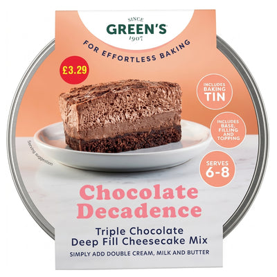 Green’s Chocolate Decadence Cheesecake Mix (218g) comes in a round package priced at £3.29 and serves 6–8. This kit from Green’s includes a baking tin and contains everything you need for a triple chocolate deep fill cheesecake—just add cream, milk, and butter for a rich dessert experience.