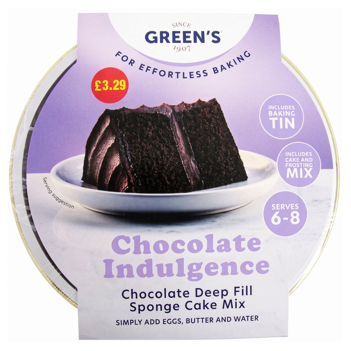 Green’s - Chocolate Indulgence Sponge Cake Mix (410g) in a round box, featuring an image of a chocolate cake slice on a plate. Packaging highlights the price, serving size, and that it includes both a baking tin and frosting mix.