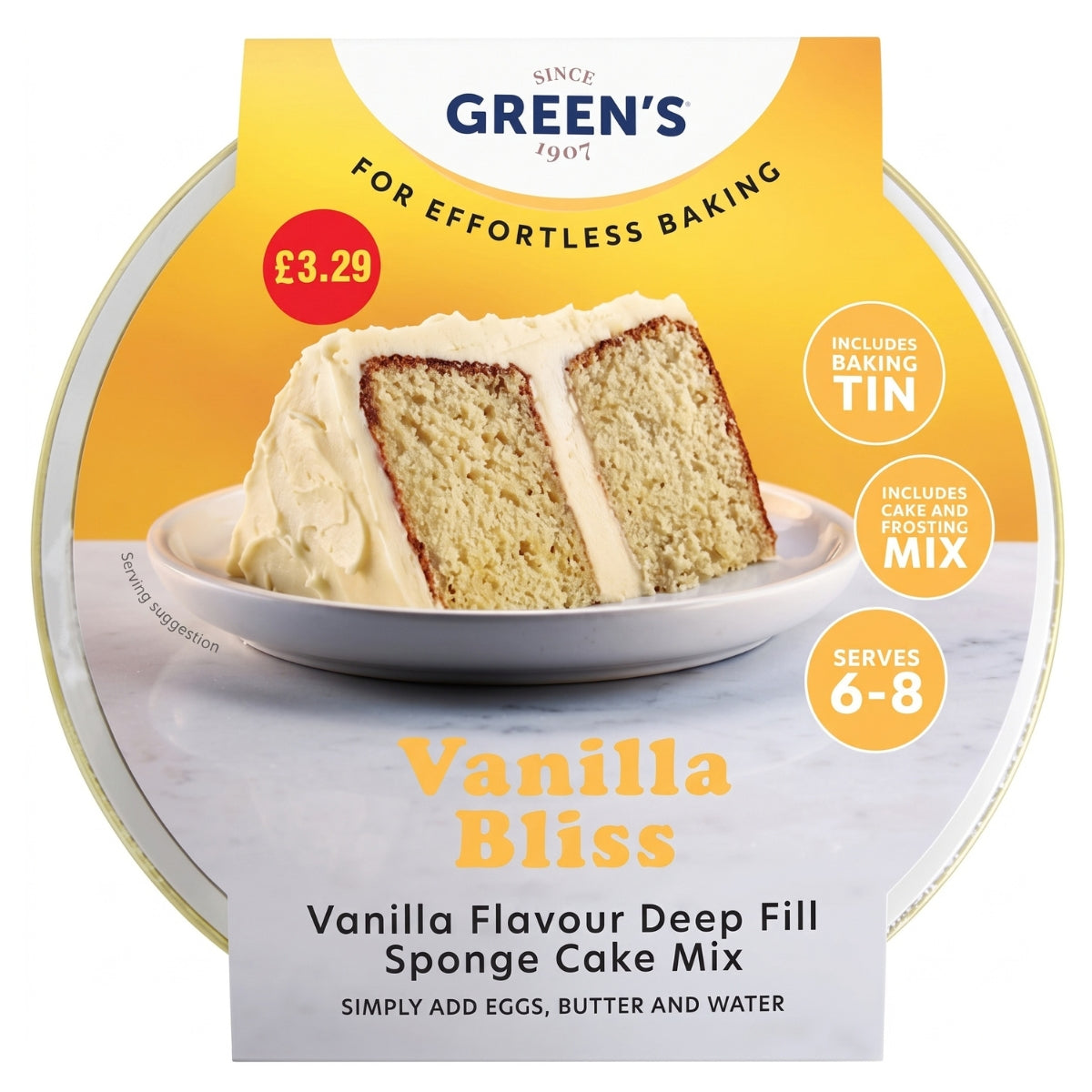 Green's Vanilla Bliss Sponge Cake Mix in a round tin with a printed lid. The packaging features a yellow and white design with an image of a slice of vanilla cake on a plate, along with text indicating it is for effortless baking, includes a baking tin, cake and frosting mix, and serves 6-8.
