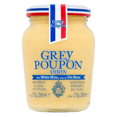 A jar of Grey Poupon Prepared Dijon Mustard with white wine, labeled in both English and French, displaying a crest and a ribbon in the colors of the French flag.