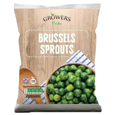A 450g bag of Growers Pride Brussels Sprouts with packaging that shows Brussels sprouts in a bowl and a wooden spoon.