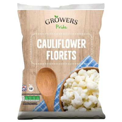 A 450g bag of Growers Pride Cauliflower Florets features images of a wooden spoon and a bowl of cauliflower on the packaging.